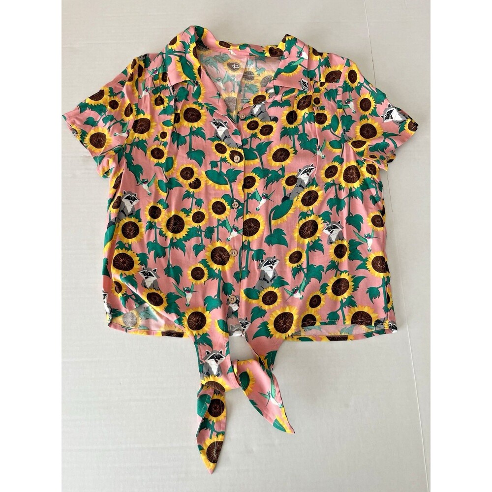 Our Universe Disney Pocahontas Meeko & Flit Sunflower Women's Tie-Front top Sz S